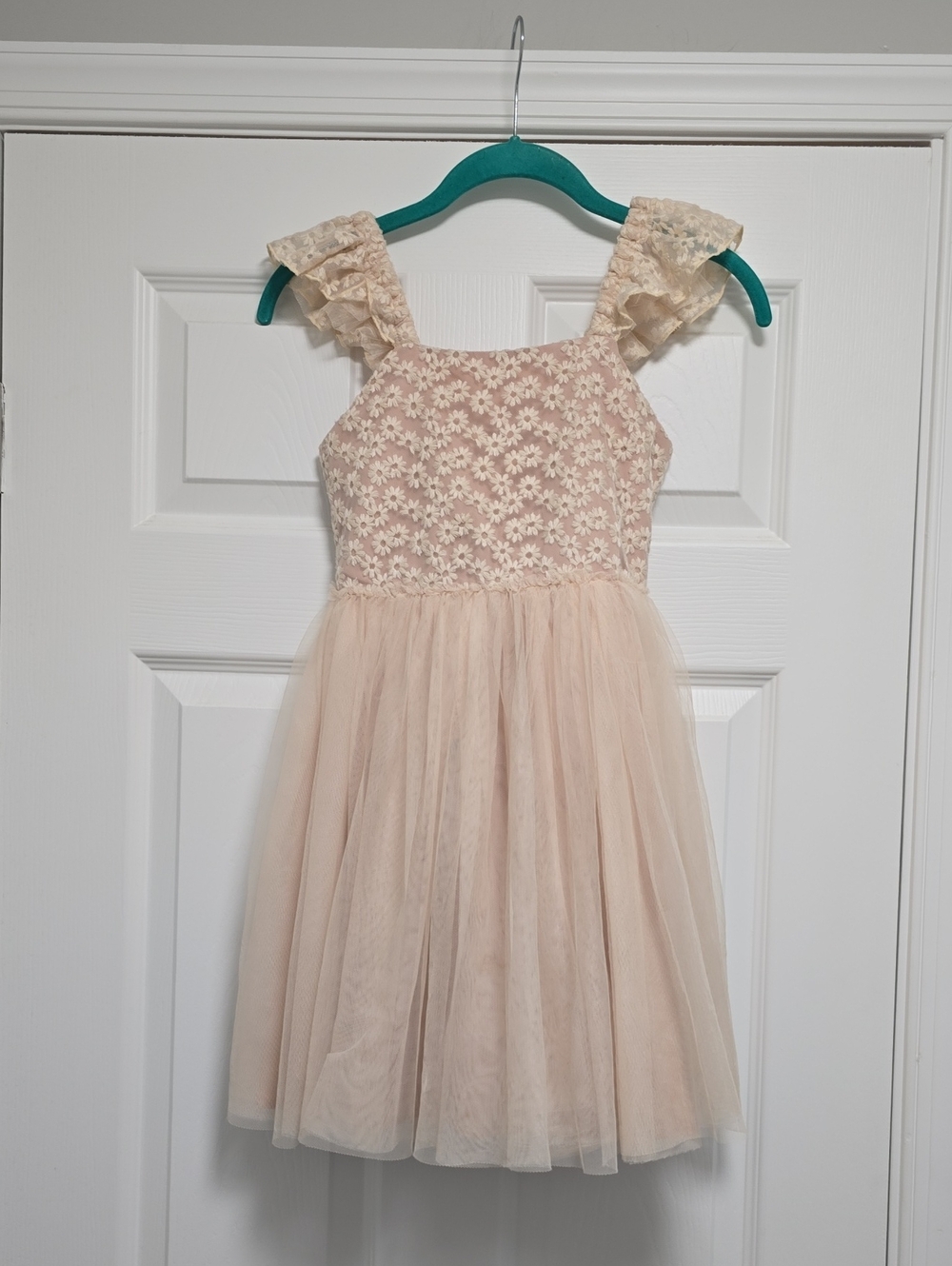 Kensie Girl Blush Floral Lace Tulle Dress with Ruffled Shoulders